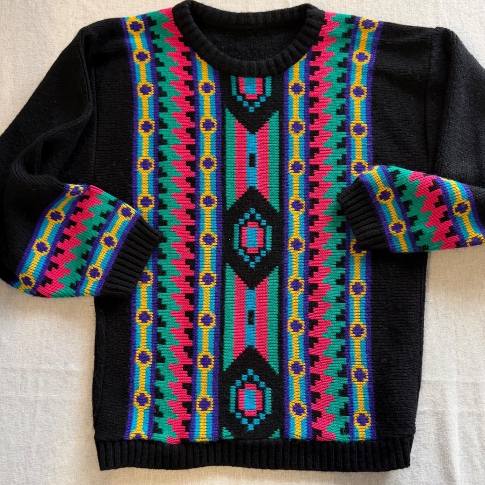 Vintage 80s 90s Southwestern Retro Eclectic Geometric Knit Sweater Black Large - Picture 5 of 7